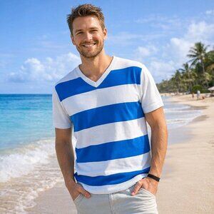 Truworths man size large Blue and White Striped V-Neck Sweater 100% cotton